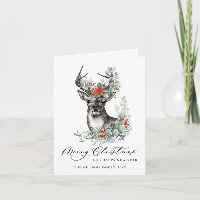 Elegant Christmas Deer Poinsettia Greeting Holiday Card (Front)