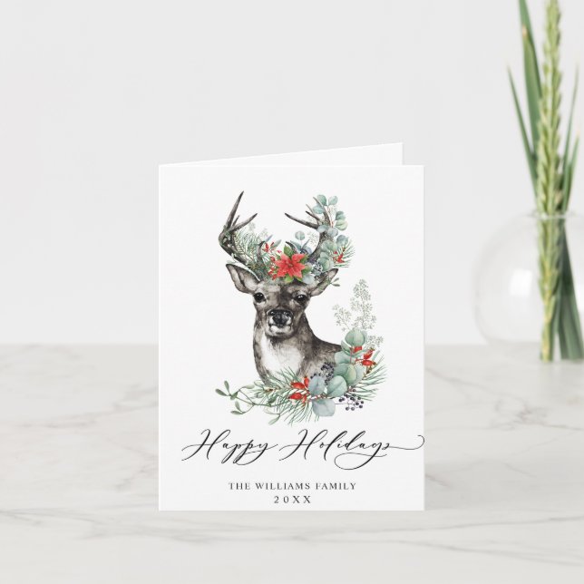 Elegant Christmas Deer Poinsettia Greeting Holiday Card (Front)