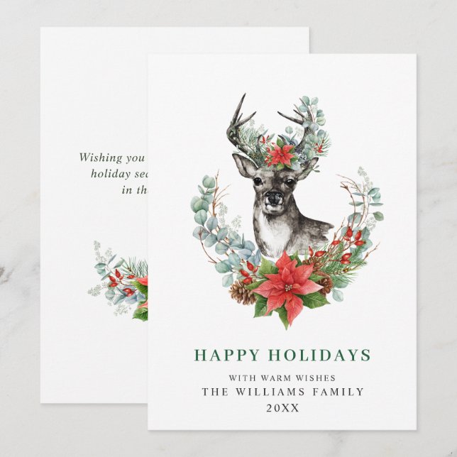 Elegant Christmas Deer Poinsettia Greeting Holiday Card (Front/Back)