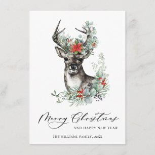 Elegant Christmas Deer Poinsettia Greeting Holiday Card