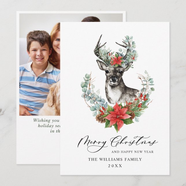 Elegant Christmas Deer Poinsettia Greeting Photo Holiday Card (Front/Back)