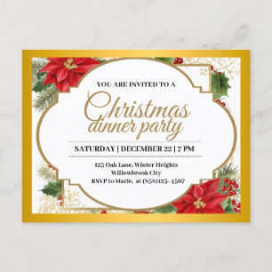Elegant Christmas Dinner Party Gold & Poinsettia Postcard
