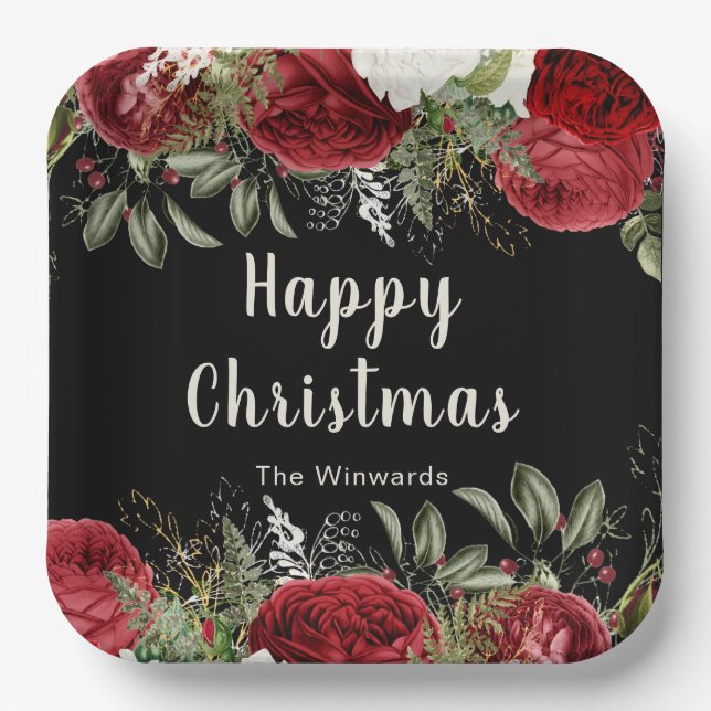Elegant Christmas Dinner Party Red Flowers Paper Plate (Front)