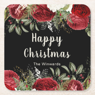 Elegant Christmas Dinner Party Red Flowers Square Paper Coaster