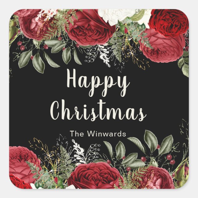 Elegant Christmas Dinner Party Red Flowers Square Sticker (Front)