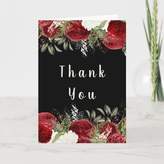 Elegant Christmas Dinner Party Red Flowers Thank You Card (Front)