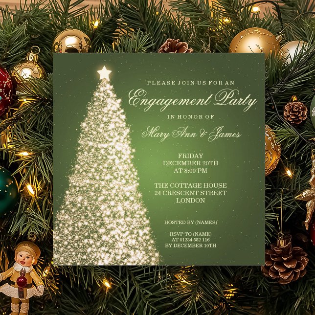 Elegant Christmas Engagement Party Gold Green Invitation (Elegant Christmas Engagement Party Gold Green Invitation)