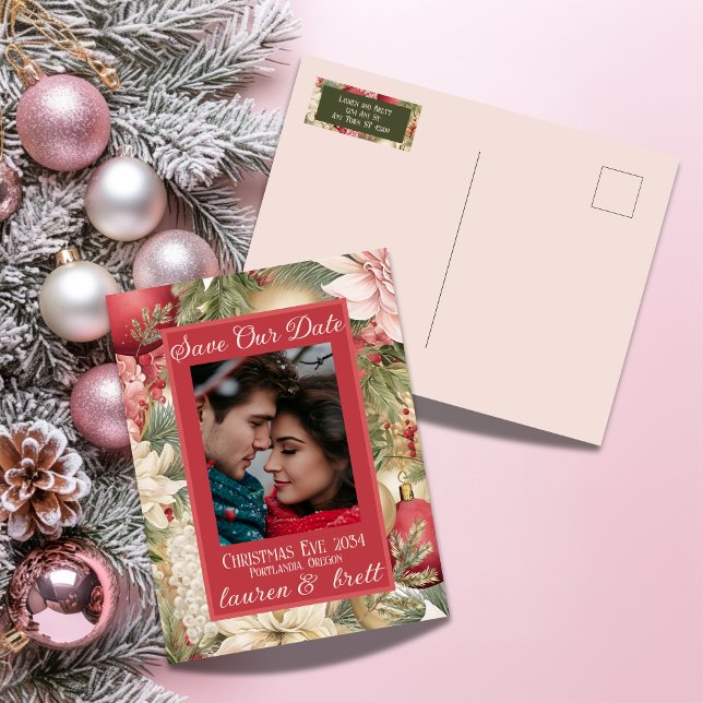 Elegant Christmas Eve Romantic Photo Wedding Announcement Postcard (Stylish Christmas Wedding Save the Date postcard with elegant layout
)