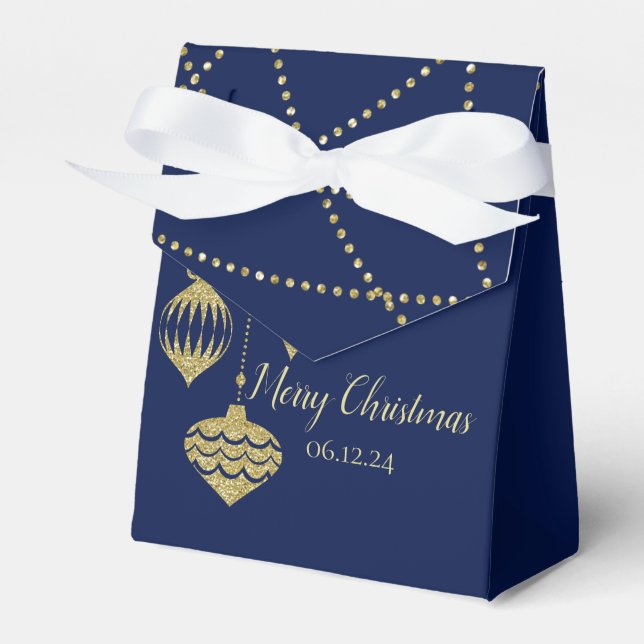 Elegant Christmas Faux Glitter Ornaments Gold Navy Favour Box (Front Side)