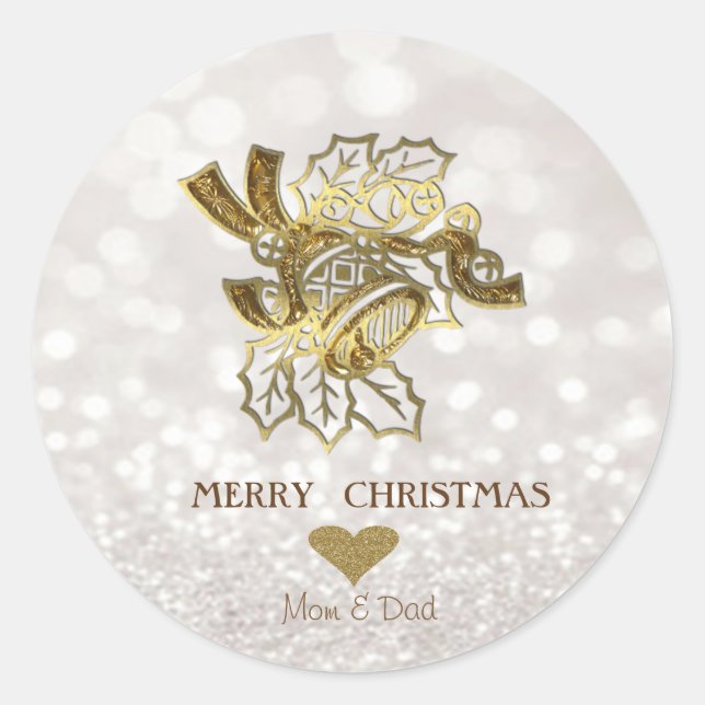Elegant Christmas Fayu Gold Bell,Glittery Bokeh Classic Round Sticker (Front)