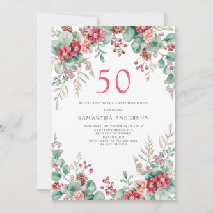 Elegant Christmas Floral 50th Birthday Party  Invitation