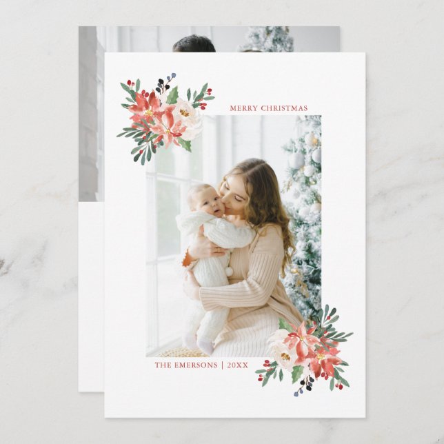 Elegant Christmas Floral Botanical Photo Card (Front/Back)