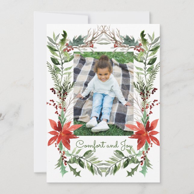 Elegant Christmas Floral Comfort & Joy Photo  Holiday Card (Front)
