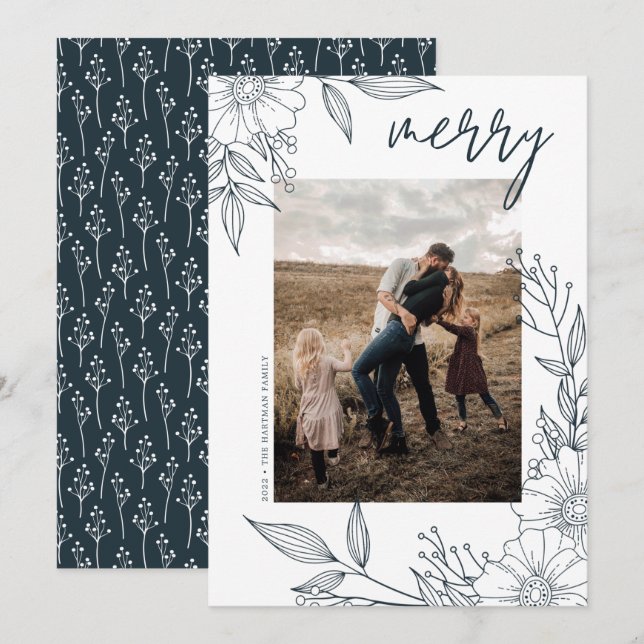 Elegant Christmas Floral Merry Blue Photo Holiday Card (Front/Back)