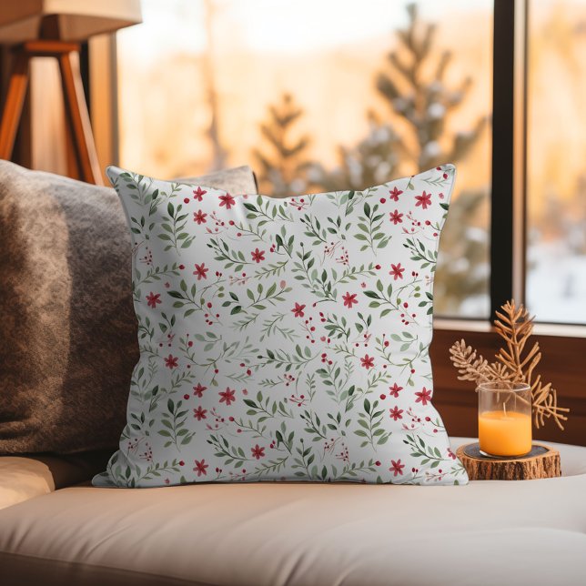 Elegant Christmas Floral Minimalist Pattern  Cushion (Elegant Christmas Floral Minimalist Pattern Throw Pillow - Red and Green Flowers)