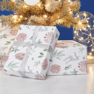 Elegant Christmas floral pattern with deer Wrapping Paper