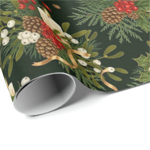 Elegant Christmas Floral Pinecone Pattern Wrapping Paper