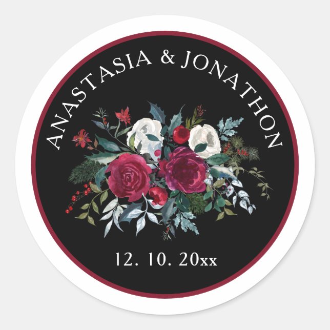 Elegant Christmas Floral Rose Holiday Wedding  Classic Round Sticker (Front)