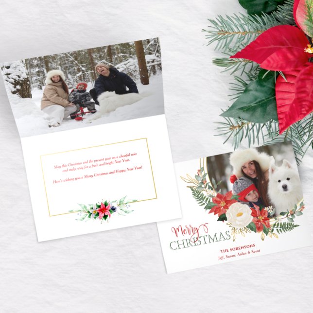 Elegant Christmas Floral w/Calligraphy Photo Holiday Card (Creator Uploaded)