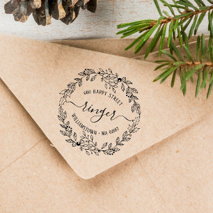 Elegant Christmas Floral Wreath Address Rubber Stamp