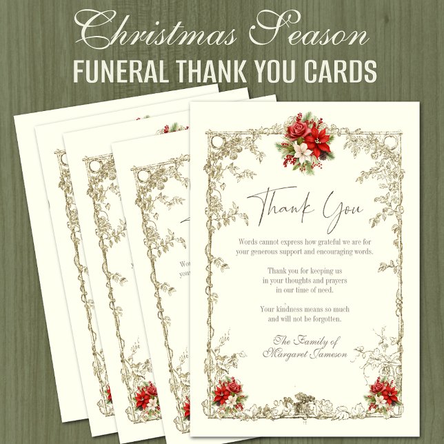 Elegant Christmas Funeral Memorial Thank You (Christmas Season Funeral Memorial Thank You Cards for Sympathy and Condolence)