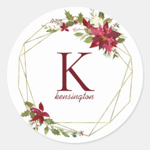 Elegant Christmas Geometric Foliage Monogram Classic Round Sticker