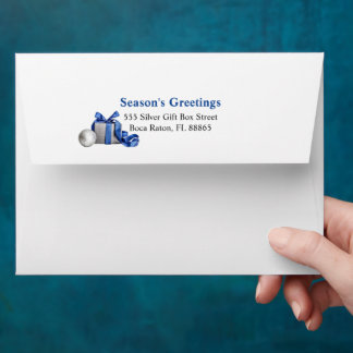 Elegant Christmas Gift Box with Blue Ribbon Envelope