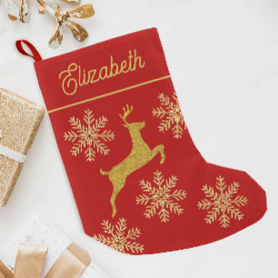 Elegant Christmas Glittery Red And Gold Snowflakes Small Christmas Stocking