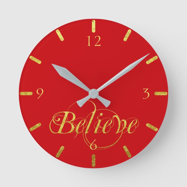 Elegant Christmas Gold Foil Script Believe Round Clock (Front)