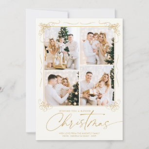 Elegant Christmas Gold Ivory Hand-Drawn 4 Photos Holiday Card