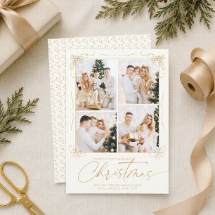 Elegant Christmas Gold Ivory Hand-Drawn 4 Photos Holiday Card