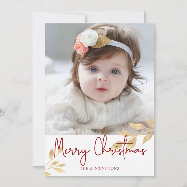 Elegant Christmas Gold Leaves | Holiday Photo Card (Front)