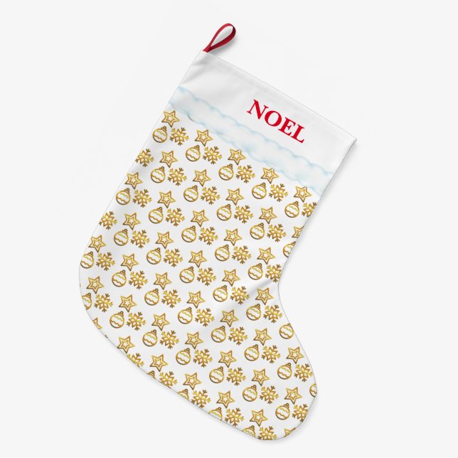 Elegant Christmas Golden Pattern on White Large Christmas Stocking (Front (Hanging))