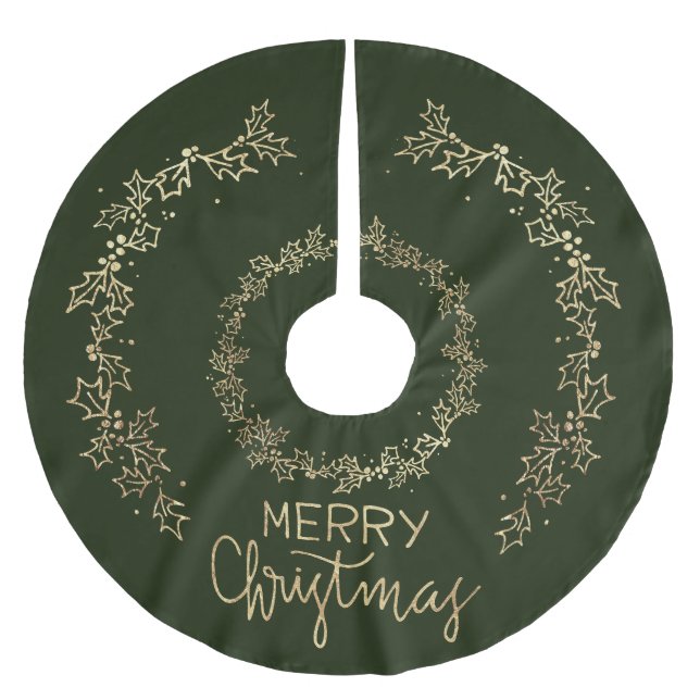 Elegant Christmas Green and Gold Holly Brushed Polyester Tree Skirt (Front)