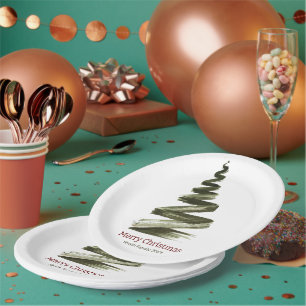 Elegant Christmas Green Tree Watercolour Paper Plate