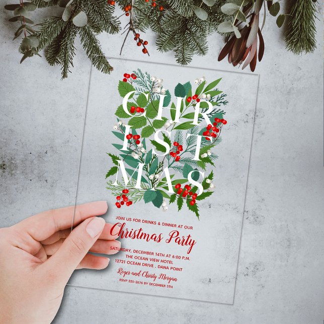 Elegant CHRISTMAS Greenery Acrylic Invitations (Elegant CHRISTMAS typography and greenery ACRYLIC party invitations)