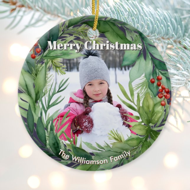 Elegant Christmas Greenery Custom Photo Ceramic Tree Decoration (A Christmas ornament with watercolor-style greenery, custom name and photo(s))