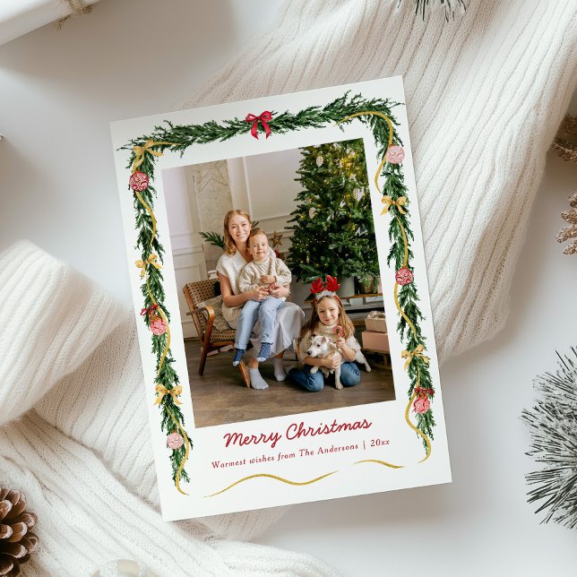 Elegant Christmas Greenery Garland & Bows 1 Photo Holiday Card (Creator Uploaded)
