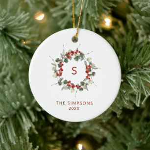 Elegant Christmas Greenery Monogram Family  Ceramic Tree Decoration