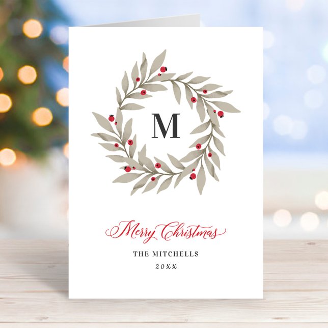 Elegant Christmas Greenery Monogram Wreath Holiday Card (Creator Uploaded)