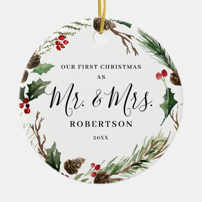 Elegant Christmas Greenery Mr. & Mrs. Ceramic Tree Decoration (Front)