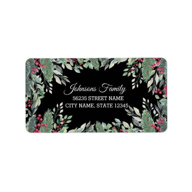 elegant christmas greenery red berries black  label (Front)