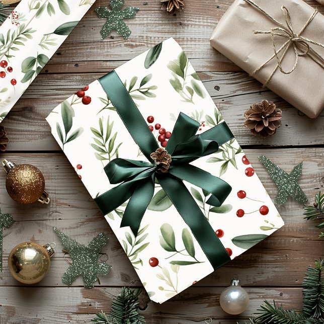 Elegant Christmas Greenery & Red Berries Holiday Wrapping Paper (Elegant Christmas Greenery & Red Berries Holiday Wrapping Paper)