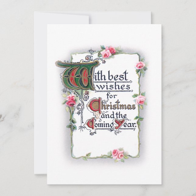 Elegant Christmas Greeting with Pink Roses Holiday Card (Front)