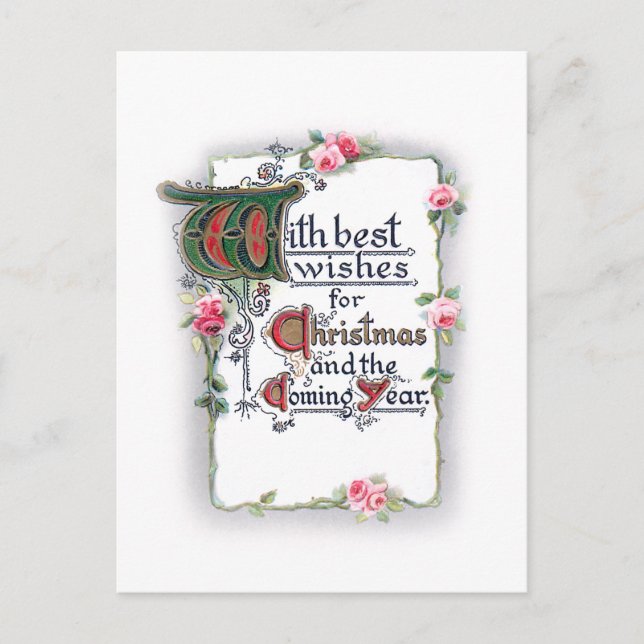 Elegant Christmas Greeting with Pink Roses Postcard (Front)