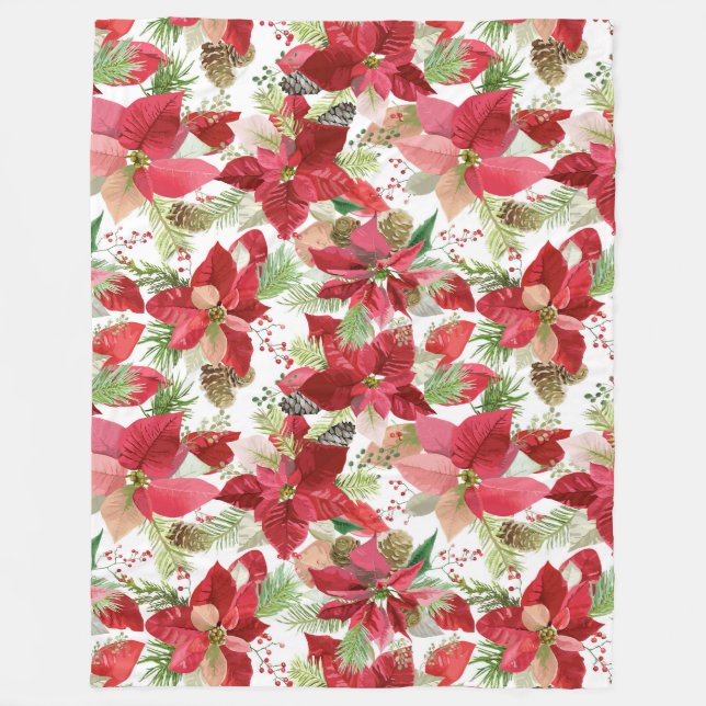 Elegant Christmas Holiday Poinsettia Pine Cone Fleece Blanket (Front)