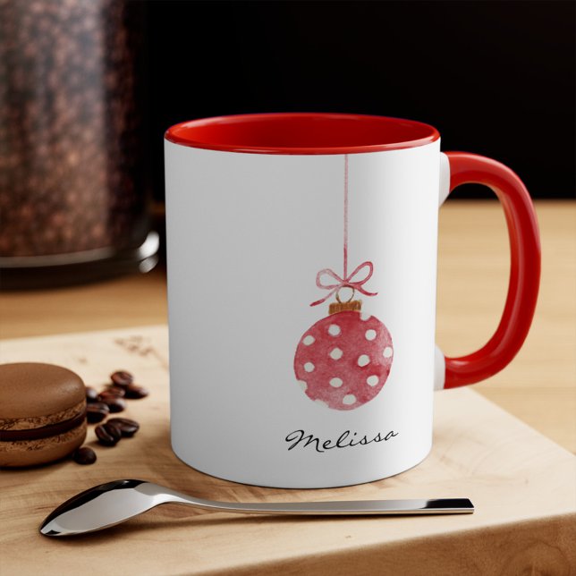 Elegant Christmas Holidays Personalised Name Mug (Personalized Ornament Illustration Script 11oz Red Accent Coffee Mug)