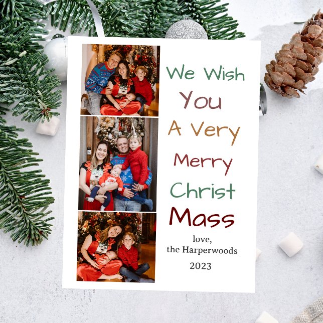 Elegant Christmas holidays Script Family 3 Photo Holiday Postcard (Creator Uploaded)