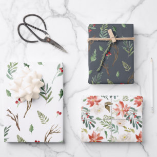 Elegant Christmas Holly Berries Holiday Patterns Wrapping Paper Sheet