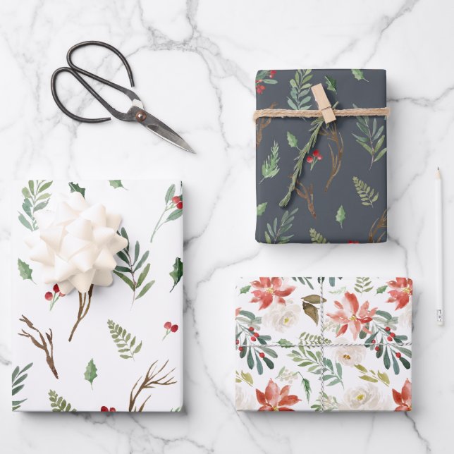 Elegant Christmas Holly Berries Holiday Patterns Wrapping Paper Sheet (Front)